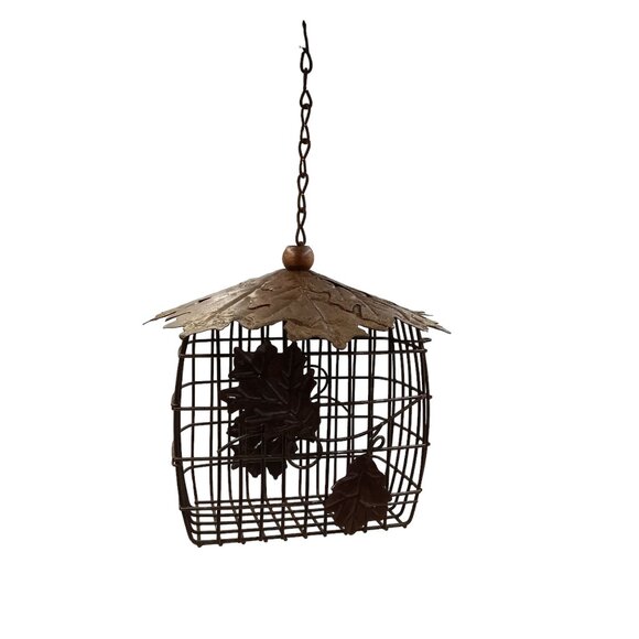 Large Wire Bird Feeder Wire Barrier Guard With Leaves Lid and Side Decor Chain - Picture 2 of 13